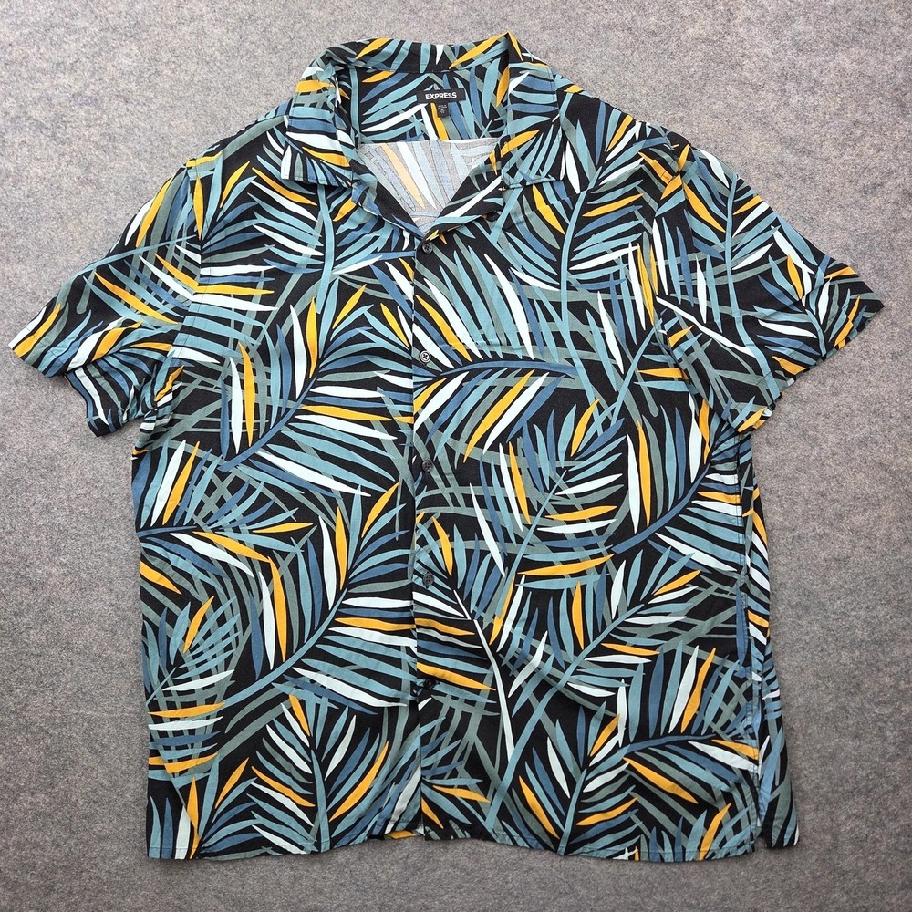 Express Shirt Mens XL Blue Palm Leaf‎ Rayon Button Front Short Sleeve Hawaiian